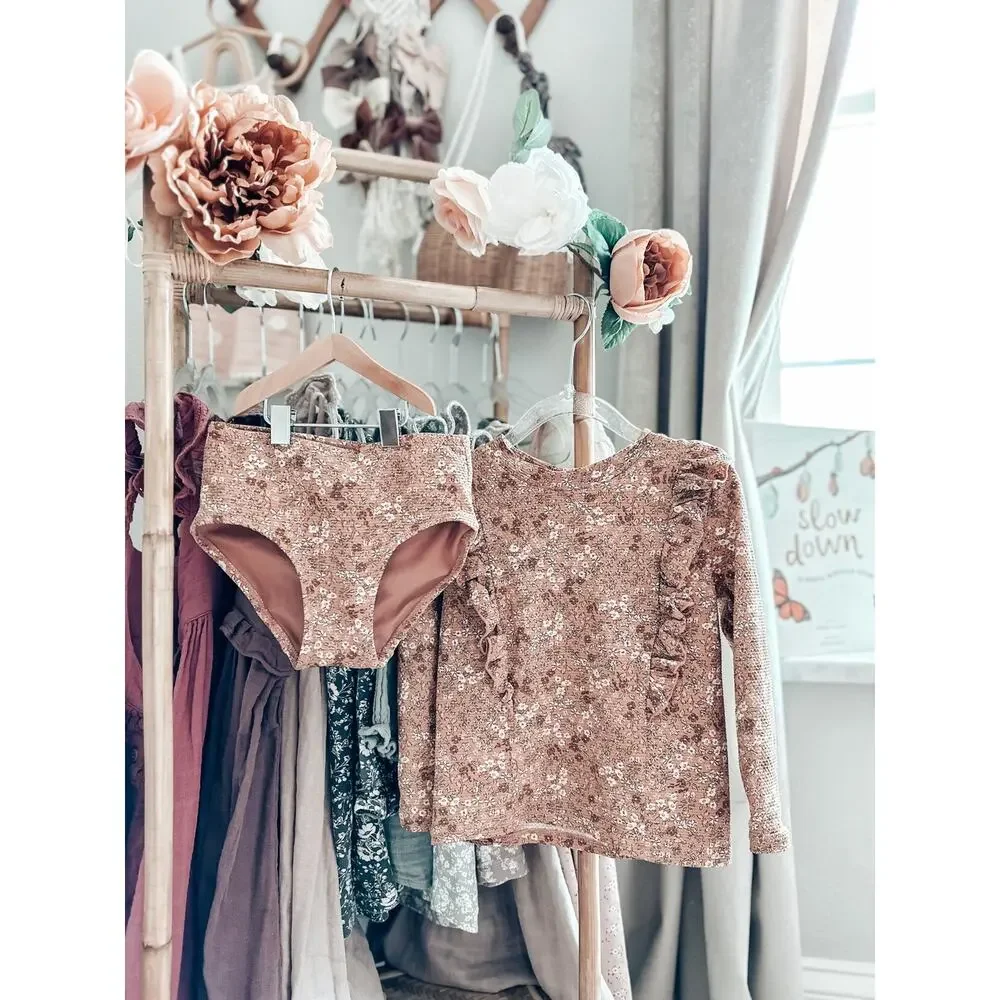 Dusty Rose Blooming Floral Rash Guard 2pc Swimsuit 3/4T
